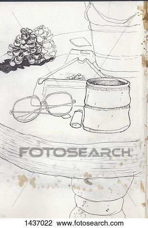 Sketch of eyeglasses with pine cone and ashtray on table View Large Illustration Drawing - Sketch of eyeglasses with pine cone and ashtray on table. Fotosearch