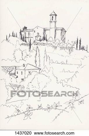 Sketch of houses and trees on field against white background View Large Illustration Clipart - Sketch of houses and trees on field against white background. Fotosearch