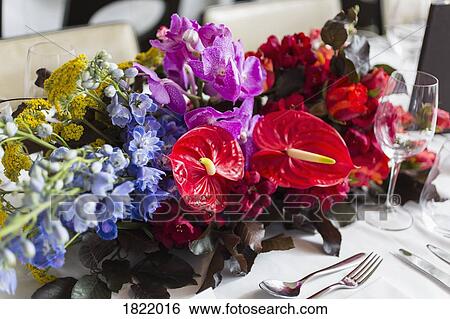 Stock Photograph - Still life vibrant, tropical table bouquet. Fotosearch