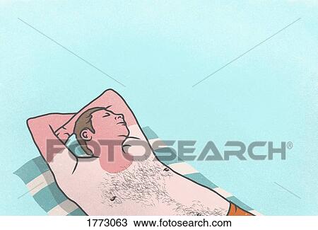 Stock Image - Sunburned man sleeping on towel. Fotosearch