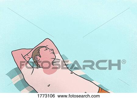Stock Photograph - Sunburned man sleeping on towel. Fotosearch