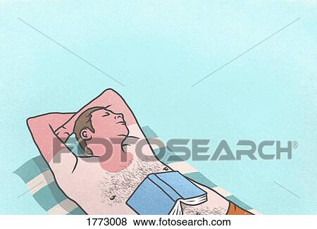 Stock Photo - Sunburned man with book sleeping on towel. Fotosearch