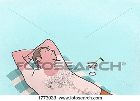 Stock Image - Sunburned man with cocktail sleeping on towel. Fotosearch