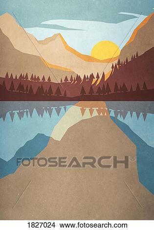 Picture - Sunset over tranquil mountain lake. Fotosearch
