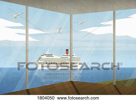 View of cruise ship moving along ocean from beach house View Large Photo Image Stock Image - View of cruise ship moving along ocean from beach house. Fotosearch