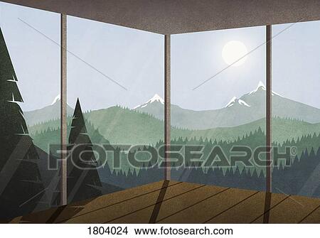 Picture - View of sun shining over idyllic mountain and forest landscape from glass house. Fotosearch