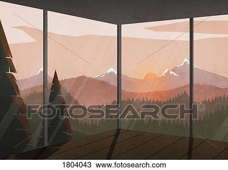 Stock Image - View of sunset behind tranquil, idyllic landscape from house. Fotosearch