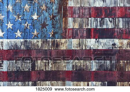 Vintage, rusted American flag painted on corrugated wall View Large Photo Image Stock Photo - Vintage, rusted American flag painted on corrugated wall. Fotosearch
