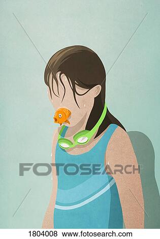 Wet girl in bathing suit with fish in mouth View Large Photo Image Stock Photo - Wet girl in bathing suit with fish in mouth. Fotosearch