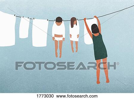 Stock Image - Woman hanging children on clothesline to dry. Fotosearch