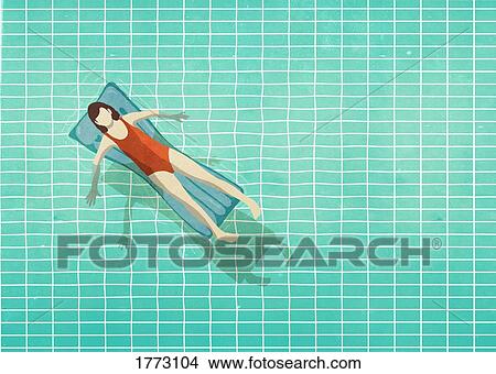 Woman in bathing suit laying on inflatable raft in swimming pool View Large Photo Image Picture - Woman in bathing suit laying on inflatable raft in swimming pool. Fotosearch