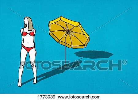 Woman in bikini posing next to beach umbrella on blue background View Large Photo Image Stock Photo - Woman in bikini posing next to beach umbrella on blue background. Fotosearch