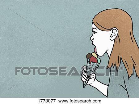 Stock Photo - Woman licking ice cream cone on blue background. Fotosearch