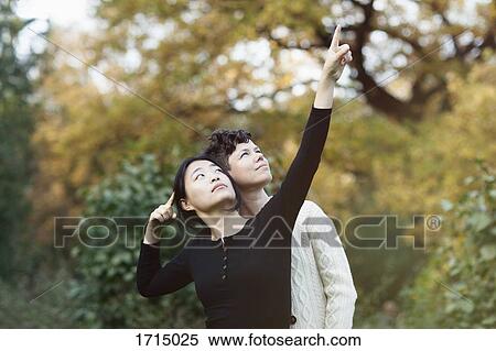 Stock Photography - Woman looking up while pointing and showing to friend at park. Fotosearch