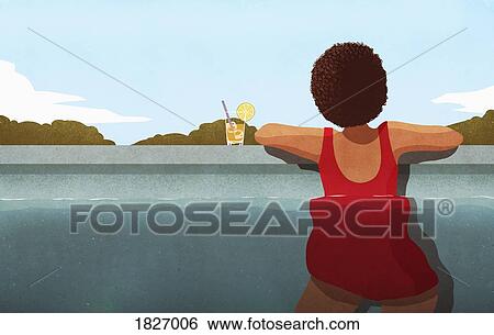 Stock Photograph - Woman relaxing in swimming pool with cocktail. Fotosearch