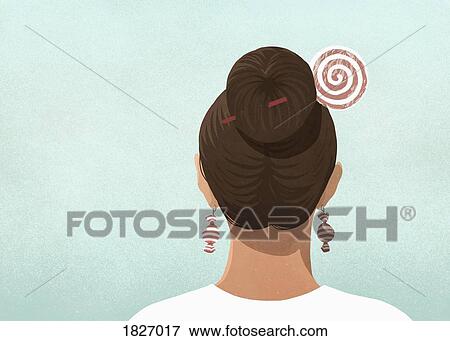 Woman wearing candy hair pin and earrings View Large Photo Image Stock Photo - Woman wearing candy hair pin and earrings. Fotosearch