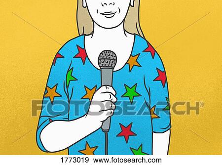Woman wearing star-shaped shirt talking into microphone View Large Photo Image Stock Photo - Woman wearing star-shaped shirt talking into microphone. Fotosearch
