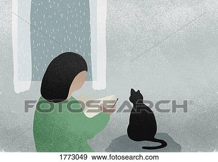 Stock Photo - Woman with cat reading book next to rainy window. Fotosearch