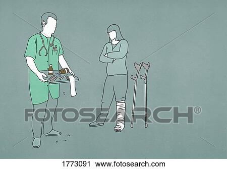 Woman with leg in cast looking at doctor with tray of medicine and supplies View Large Photo Image Stock Image - Woman with leg in cast looking at doctor with tray of medicine and supplies. Fotosearch
