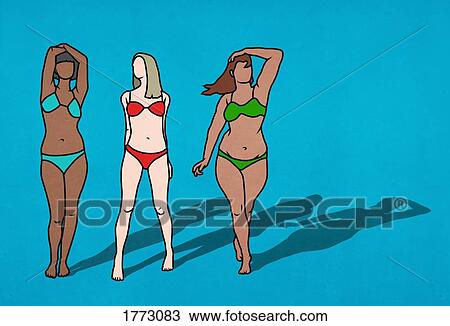 Stock Image - Women with different bodies in bikinis on blue background. Fotosearch