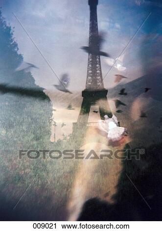 Stock Image - Paris, France pigeons flying in front of the Eifel Tower. Fotosearch