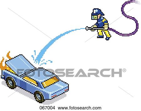 Stock Illustration - A fireman spraying water of a flaming car. Fotosearch