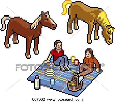 Drawing - Two people having a picnic next to two horses. Fotosearch