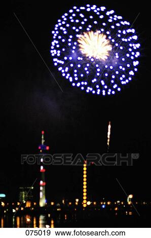 Stock Photo - Fireworks over Duesseldorf, Germany. Fotosearch