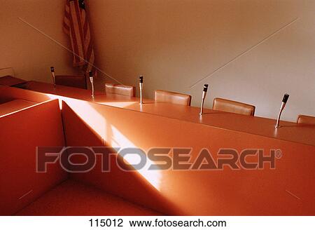 Stock Image - Empty court room table. Fotosearch