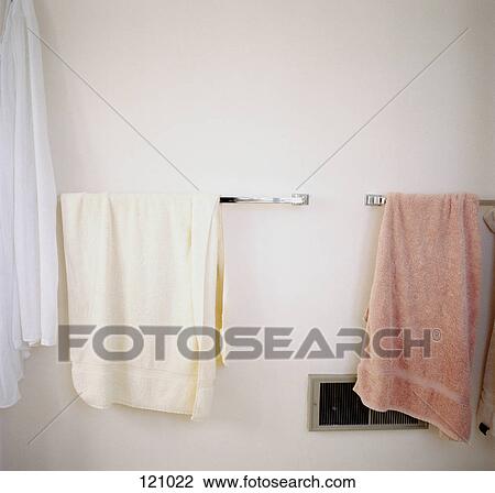 Towels hanging in bathroom View Large Photo Image Stock Image - Towels hanging in bathroom. Fotosearch