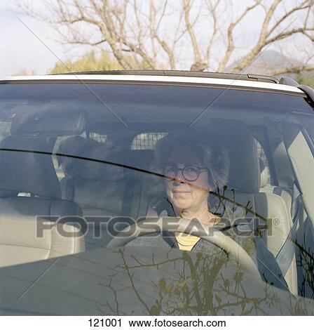 Stock Image - Woman and dog sitting inside station wagon. Fotosearch