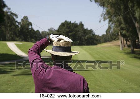 Stock Image - Rear view of a golfer after hitting a ball. Fotosearch