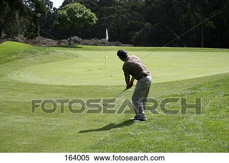 Stock Photography - Rear view of a golfer after hitting a ball. Fotosearch