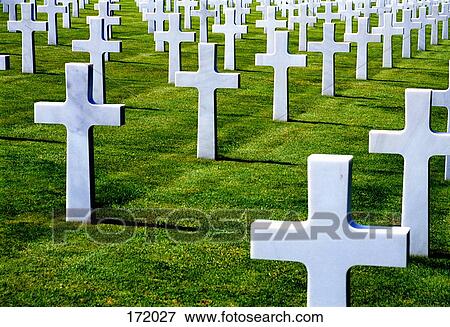 Stock Photo - Marble cross-shaped tombstones in the American Cemetery, Colleville St. Laurent (Omaha Beach), Normandy, France. Fotosearch