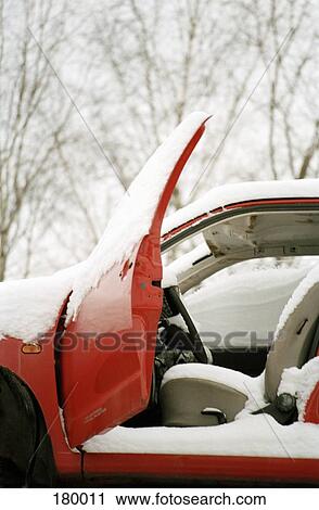Close Up Of Red Car Covered In Snow Stock Image Fotosearch