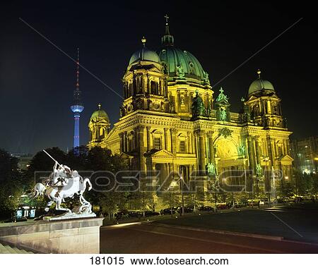 Stock Photography - Dome Church at night with Television Tower in the background, Berlin, Germany. Fotosearch
