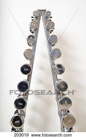 Silver dumbbells on arranged rack View Large Photo Image Stock Photo - Silver dumbbells on arranged rack. Fotosearch