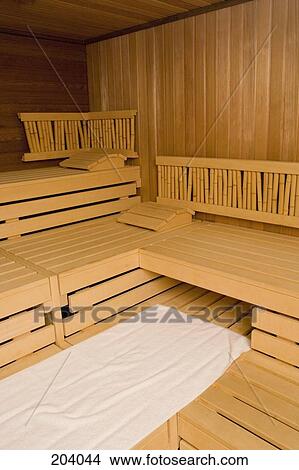 Picture - Vacant benches of wooden sauna. Fotosearch