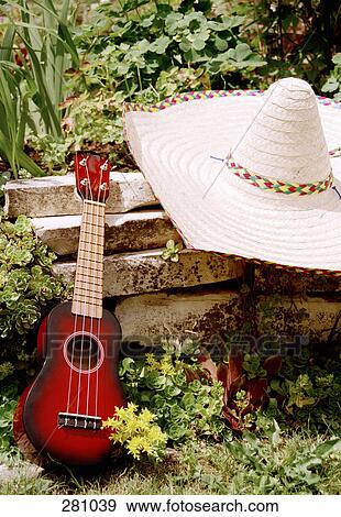 Ukulele And Sombrero On Stone Bench In Garden Stock Photo 281039
