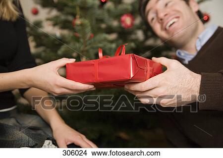 Couple exchanging gift at Christmas View Large Photo Image Picture - Couple exchanging gift at Christmas. Fotosearch