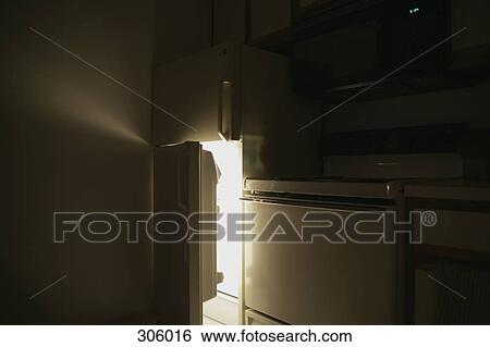 Refrigerator Door Open At Night Stock Photograph 306016 Fotosearch
