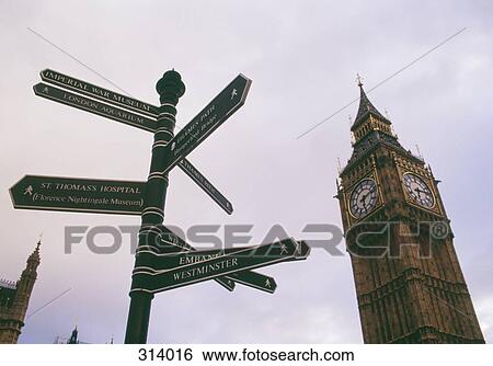 Stock Photograph - Street signs below Big Ben, London, England. Fotosearch
