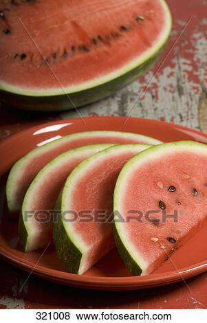 Sliced watermelon on plate View Large Photo Image Stock Photo - Sliced watermelon on plate. Fotosearch