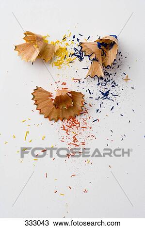 Stock Image - Pencil shavings from colored pencils. Fotosearch