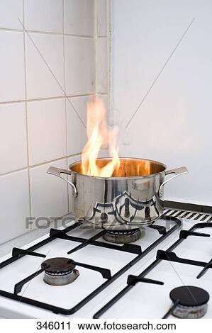 Stock Image - Burning pot on kitchen stove. Fotosearch
