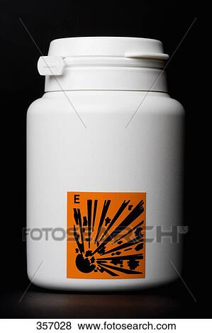 Stock Photo - White bottle with ‘explosive’ warning label. Fotosearch