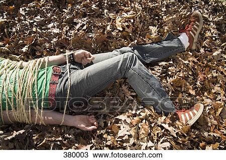 Man lying in a pile of autumn leaves bound in rope View Large Photo Image Stock Image - Man lying in a pile of autumn leaves bound in rope. Fotosearch