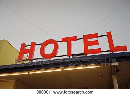Stock Image - Illuminated hotel sign. Fotosearch