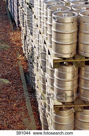 Picture - Stacks of beer kegs. Fotosearch