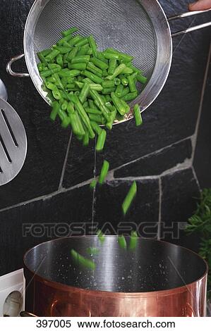 Stock Photography - Fresh green beans falling into a pan. Fotosearch